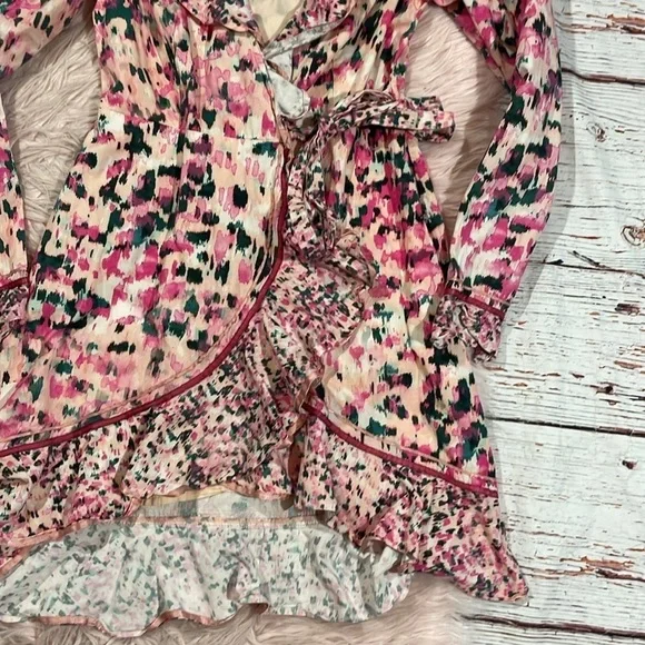 Rococo Sand Mimi Ruffle Trim Long Sleeve Mini Wrap Dress Pink Floral Barbiecore - Picture 8 of 11